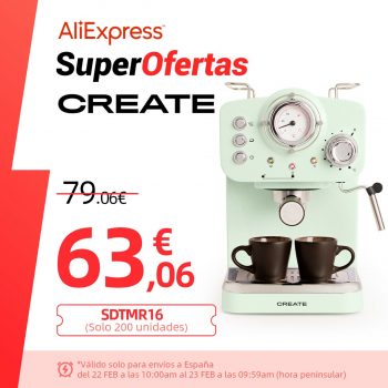 CREATE - THERA MATT RETRO - Cafetera Express para Espresso y Cappucino, 1100W, 15 Bares, Vaporizador, 1.25l, Café Molido y Monodosis, Con Doble Salida, Electrica, Cafe Expresso