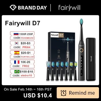 Fairywill-Cepillo de Dientes FW-507 Eléctrico para Adulto, dispositivo resistente al agua, recargable por USB, con 8 cabezales de repuesto