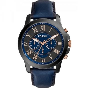 FOSSIL Reloj para Hombre Grant, Tamaño de Caja de 44 mm, Movimiento de Cronógrafo de Cuarzo, Correa de Cuero, Azul