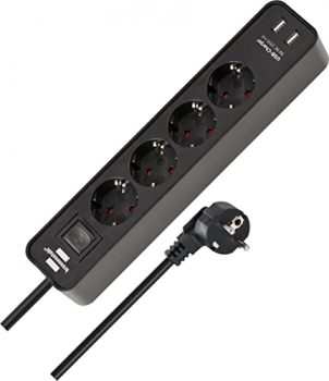 Brennenstuhl Ecolor regleta enchufes con 4 tomas de corriente y función de carga USB (2 puertos de Carga USB, interruptor, 1,5 m cable) negro