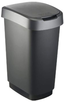 Cubo de basura Rotho Twist de 50 l con tapa, plástico (PP) sin BPA, negro/plateado, 50 l (40,1 x 29,8 x 60,2 cm)