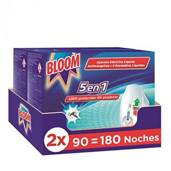 Bloom Insecticida Eléctrico Líquido Doble Eficacia (2 aparatos + 4 recambios), insecticida eléctrico para mosquitos común y tigre, fórmula concentrada sin perfume
