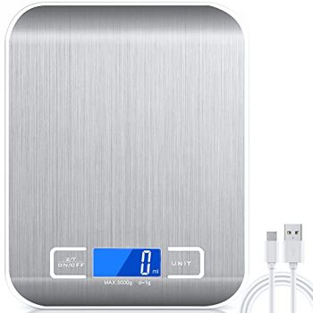 Báscula de Cocina Peso Cocina Digital - Raniaco 2 en 1 - USB o Carga de Batería Balanza Cocina, Peso Cocina Digital con Pantalla LCD de Hasta 5 kg, Bascula Digital de acero inoxidable, plateada