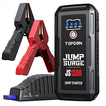 TOPDON JS1200 Arrancador de Coches, 10,000mAh 1200A Arrancador de Baterias de Coche de Gasolina hasta 6.5L o 4.0L de Diésel con Cables de Abrazadera Inteligente, Carga rápida USB, Linterna LED