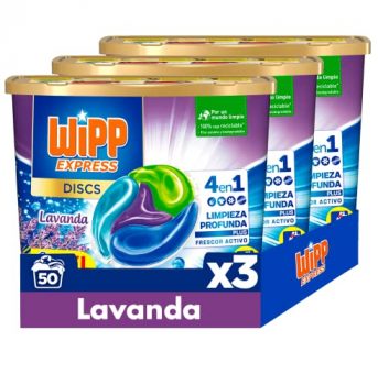 Wipp Express DISCS 4 en 1 Lavanda, Limpieza Profunda Plus, Detergente en Cápsulas para Lavadora, 50 Discos - Pack de 3, Total: 150 Dosis
