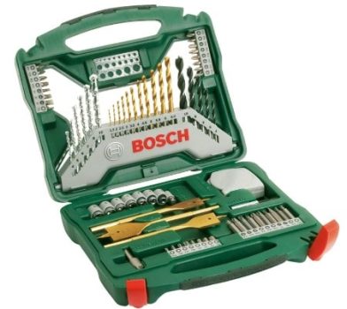 Bosch 70 uds. Set de brocas y puntas de atornillar X-Line de titanio (para madera, mampostería y metal, incluye cinta métrica y brocas fresadoras planas, accesorios para taladro y destornillador)