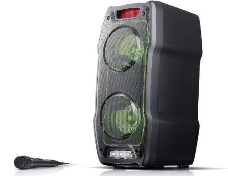SHARP PS-929 Party Speaker Boombox con función karaoke, microfono incluido, TWS, Bluetooth 2 puertos USB, 2 puertos 6.3 mm, luces multicolor más luz estroboscópica, 180W de potencia y bateria integra