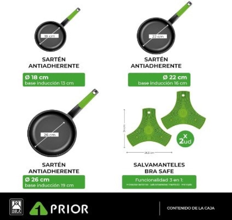 BRA Prior - Set de 3 Poêles 18-22-26 cm, Fonte d'Alm avec Antiadhésif Teflon Innovations sans