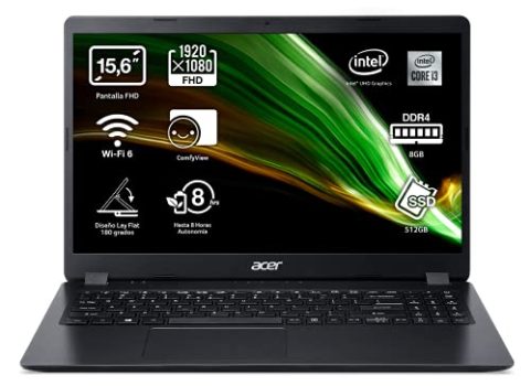 Acer Aspire 3 A315-56 - Ordenador Portátil de 15.6” Full HD (Intel Core i3-1005G1, 8GB RAM, 512GB SSD, UMA Graphics, Sin Sistema Operativo) Color Negro - Teclado QWERTY Español