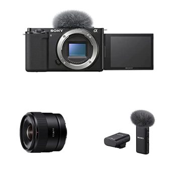 Sony Alpha ZV-E10 | Cámara VlogK+ autoenfoque Ocular en Tiempo Real Negro+Sony E 11 mm F1.8 - Objetivo Gran Angular +Sony ECM-W2BT - Micrófono inalámbrico con conectividad Bluetooth