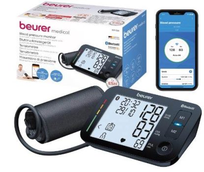 Beurer BM 54 Tensiómetro de brazo, tensiómetro digital con pantalla XL, conexión a aplicación con protección de datos certificada, detección de arritmias, manguito grande para brazo de 22-44 cm