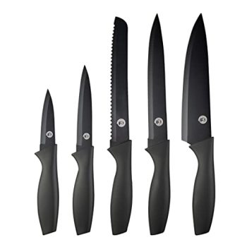 MasterChef Cuchillos Cocina, Set Cuchillo de Chef (Carne, Sierra por Pan, Verduras y Pescados), Colección de Acero Inoxidable con Asas Suaves al Tacto, Multifuncional, 5 Piezas, Negro.