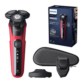 Philips S5583/38 Serie 5000 Afeitadora Eléctrica, en Eco y Húmedo, Recortador para Barba Larga o Corta y Bigote, con Cuchillas Steelprecision, Negro y Rojo