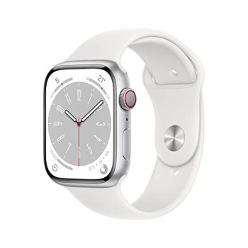 Apple Watch Series 8 (GPS + Cellular, 45mm) Reloj Inteligente con Caja de Aluminio en Plata - Correa Deportiva Blanca - Talla única. Monitor de entreno, Resistencia alagua