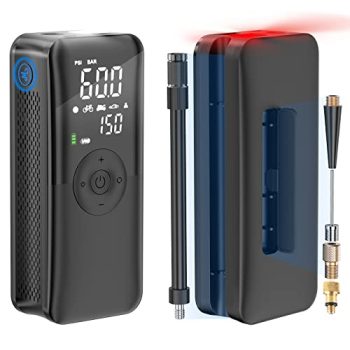 tEokEibEno Bomba de aire eléctrica para bicicleta, portátil, 150 psi, bomba de bicicleta eléctrica, 2 x 2000 mAh, compresor de batería pequeño,bomba de bicicleta para coche, moto