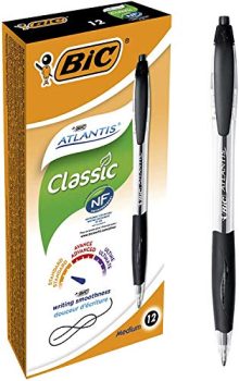 BIC Atlantis Classic bolígrafos Retráctiles punta media (1,0 mm) - Negro, Caja de 12 unidades