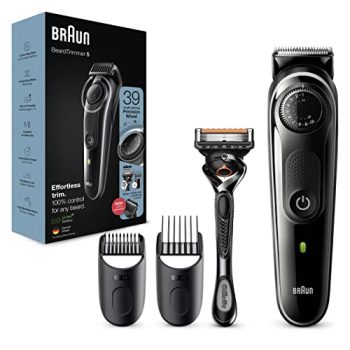 Braun Recortadora de Barba Series 5, Máquina Cortar Pelo, Cortapelos Hombre para Cara y Pelo con Láminas Afiladas de Larga Duración y Maquinilla Gillette, 39 Ajustes de Longitud, BT5342, Negro/Gris