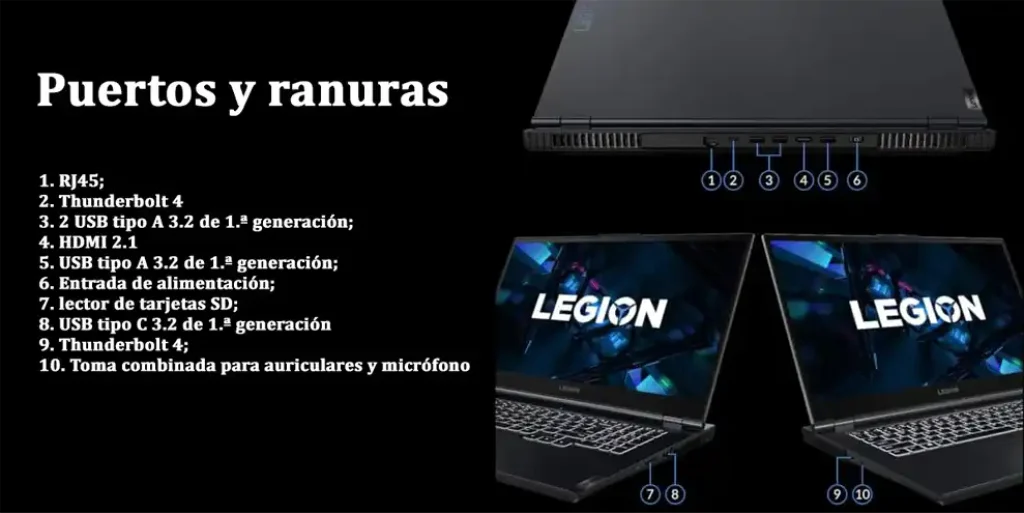 Puertos y ranuras de la Laptop Gamer Lenovo Legion 5 Gen 6 17.3