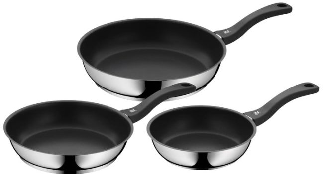 WMF Devil - Juego de 3 Sartenes Antiadherentes 20-24-28 cm, Sartén de Acero Inoxidable y Revestimiento Antiadherente para Todo Tipo de Cocinas Incluido Inducción, sin PFOA, Color Negro