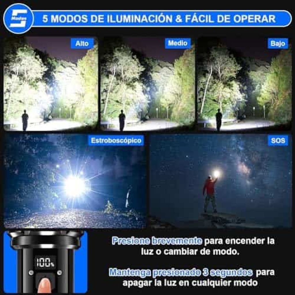 Shadowhawk Linternas LED Alta Potencia, 30000 Lúmenes, Linterna LED Recargable XHM90.2 de largo alcance, perfecta para el camping en Oferta