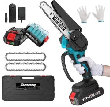 Supstable Mini Motosierra Batería, Motosierra de Mano de 6 Pulgadas, 2 Baterías y Cargador, 2 Cadenas, Motosierra Eléctrica de Una Mano para Árboles
