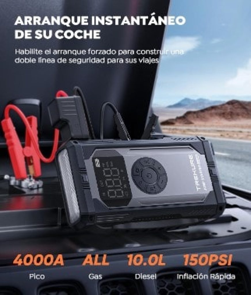 4-en-1 Arrancador de batería portátil de Coche, 4000A Arrancador de Coches con Compresor de Aire, Arrancador Coche con Inflador, 18W Carga Rápida y Pantalla LCD