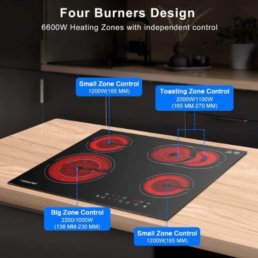 AMZCHEF Placa vitrocerámica, placas de vitroceramica 4 zonas, eléctrica vitrocerámica de 6600 W con 9 niveles de potencia, temporizador