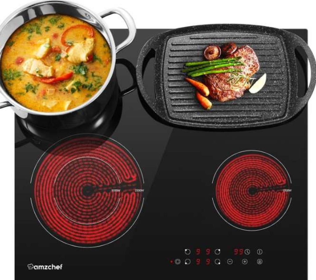 AMZCHEF Placa vitrocerámica, placas de vitroceramica 4 zonas, eléctrica vitrocerámica de 6600 W con 9 niveles de potencia, temporizador, sensor táctil,bloqueo para niños,apagado automático