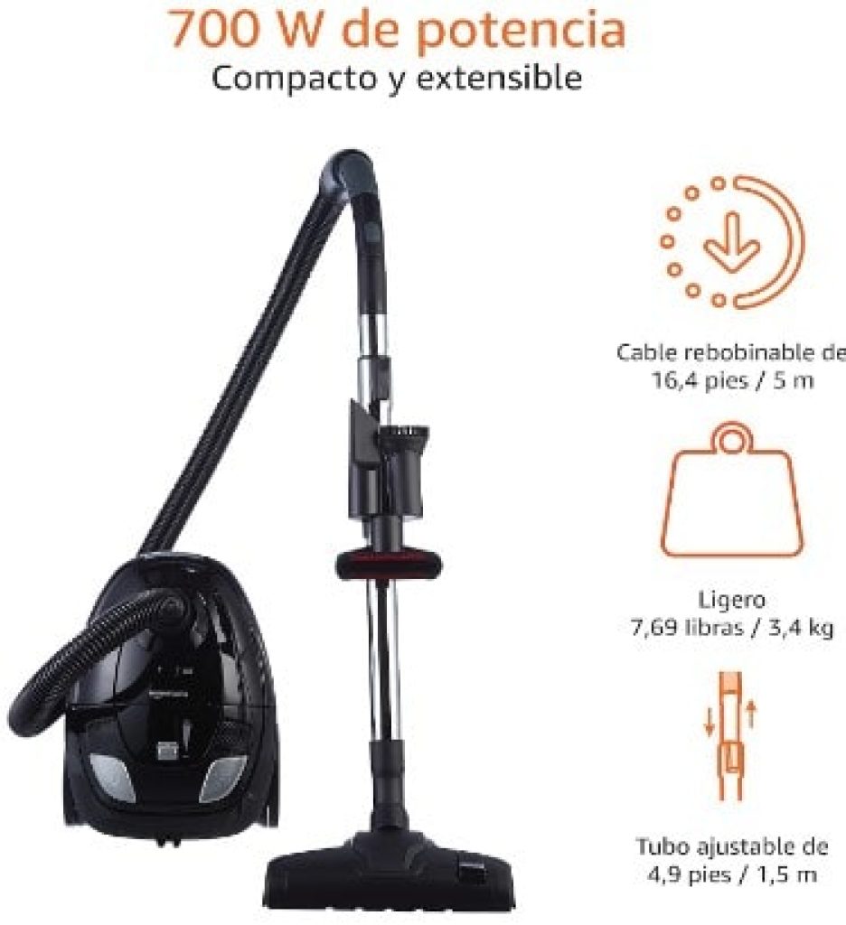 Amazon Basics – Potente aspirador con bolsa, para suelos duros y alfombras, filtro HEPA, compacto y ligero, 700 W, 1,5 l (UE), Negro