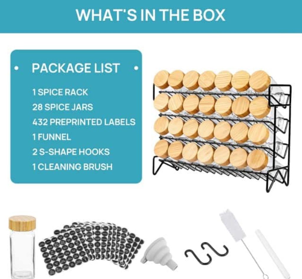 Vtopmart Organizador de especias de 4 niveles con 28 tarros de vidrio vacíos y 432 etiquetas, metal resistente a la corrosión, negro, encimera, armario, cocina y despensa