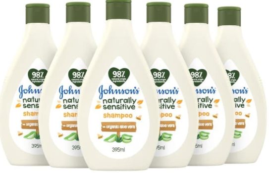 Champú Johnson's Naturally Sensitive, (pack 6 x 395 ml), champú natural con aloe vera orgánico, champú hidratante que suaviza el pelo, 6 x 395 ml