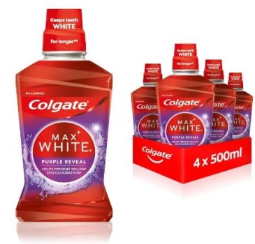Colgate Enjuague bucal Max White Purple Reveal 4 x 500 ml – Nuestro poder lila para dientes más blancos, sin alcohol