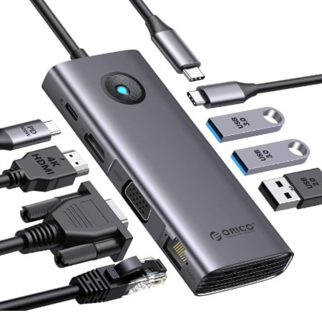 Concentrador USB C - ORICO Estación de carga USB C, 8 en 1 con 4K HDMI, VGA, Gigabit Ethernet, 3 USB 3.0 y 1 USB 2.0, 100 W de alimentación