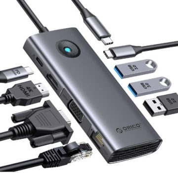 Concentrador USB C - ORICO Estación de carga USB C, 8 en 1 con 4K HDMI, VGA, Gigabit Ethernet, 3 USB 3.0 y 1 USB 2.0, 100 W de alimentación