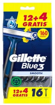 Gillette Blue3 Smooth Maquinillas Desechables Para Hombre, Tres Hojas, 12+4 GRATIS (Total 16 Uds)
