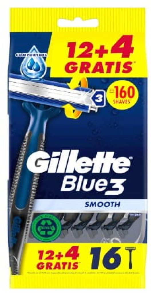 Gillette Blue3 Smooth Maquinillas Desechables Para Hombre, Tres Hojas, 12+4 GRATIS (Total 16 Uds)