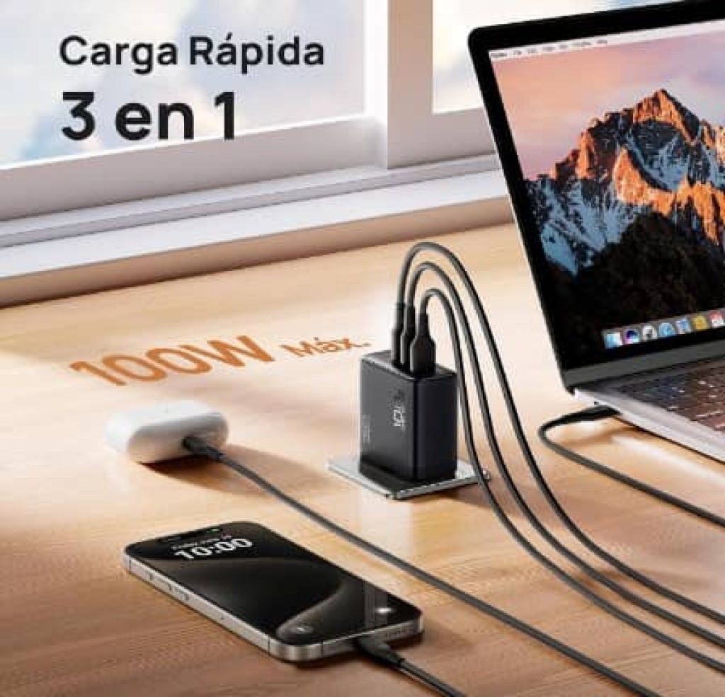 INIU 100W - Cargador 3 Puertos USB C Carga Rapida + Cable Regalo