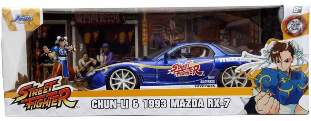 Jada- Street Fighter II, Chun-Li, Mazda RX-7 de 1993, Escala 1:24 , en Metal, Giro de Ruedas, Apertura de Puertas y Figura de Chun-Li (253255062)