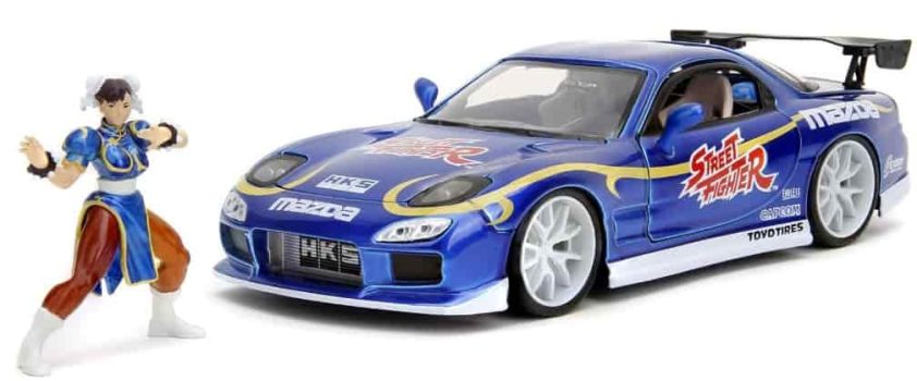 Jada- Street Fighter II, Chun-Li, Mazda RX-7 de 1993, Escala 1:24 , en Metal, Giro de Ruedas, Apertura de Puertas y Figura de Chun-Li (253255062)