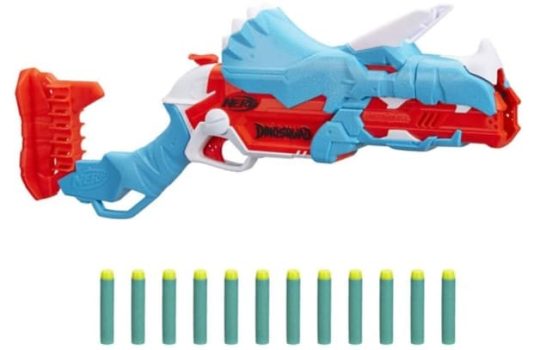Lanzador Nerf DinoSquad Tricera-blast, carga de 3 dardos con apertura, 12 dardos Nerf, porta-dardos, diseño de dinosaurio Triceratops