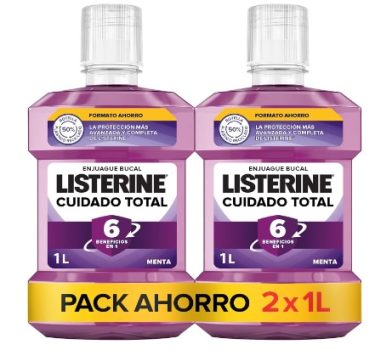 Listerine Cuidado Total (pack de 2 x 1 L), enjuague bucal con flúor, colutorio bucal con 6 beneficios en 1, elixir bucal para una limpieza bucal completa