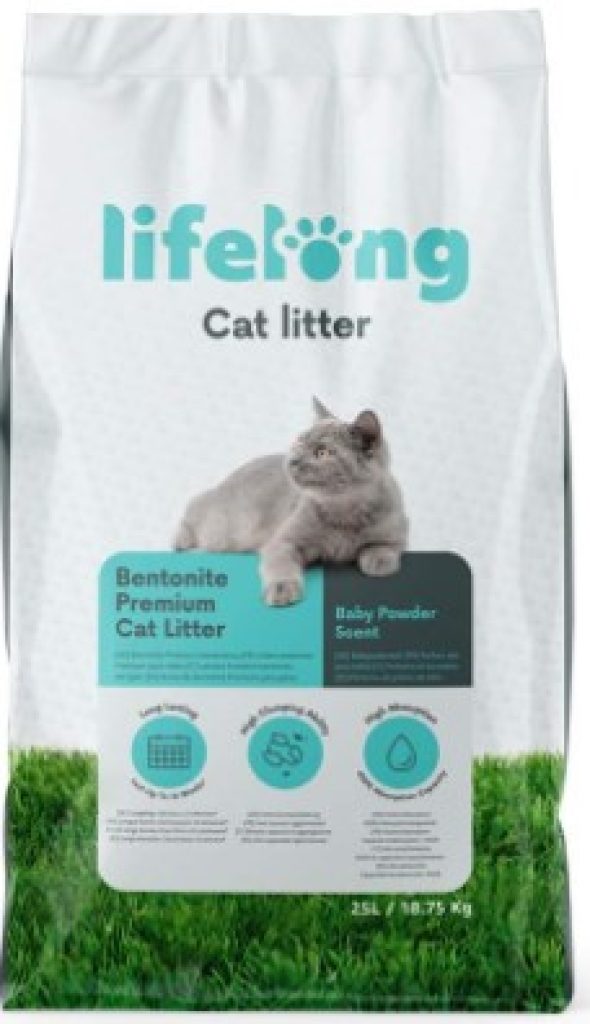 Marca Amazon - Lifelong Arena de bentonita para gatos, Premium con perfume de talco, 25L, Paquete de 1