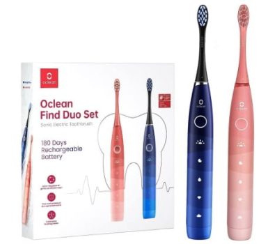 Oclean Find duo - Cepillo de dientes eléctrico sónico, (Pack 2), 180 días de duración, 5 Modos, IPX7, Temporizador