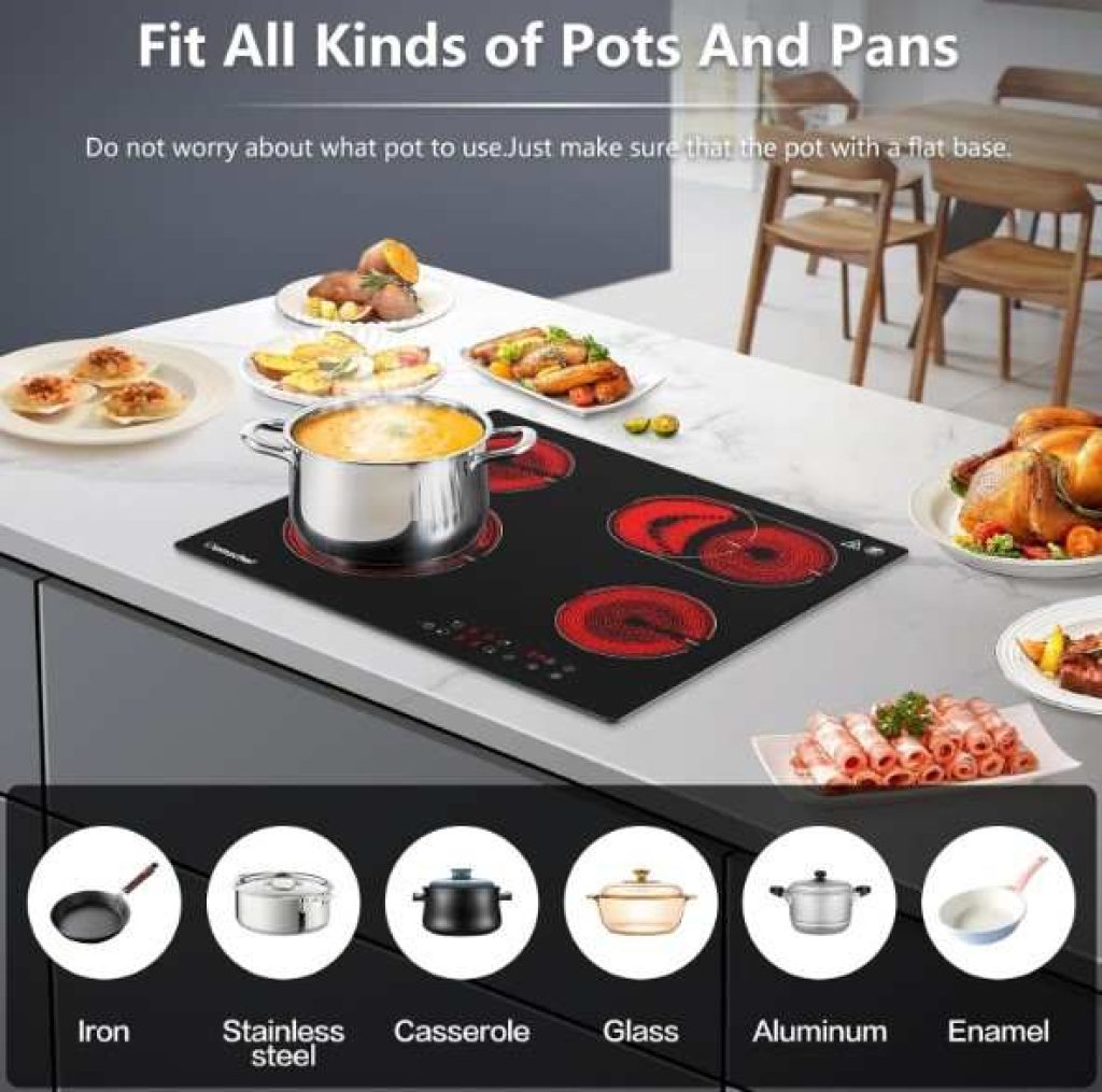 AMZCHEF Placa vitrocerámica, placas de vitroceramica 4 zonas, eléctrica vitrocerámica de 6600 W con 9 niveles de potencia, temporizador