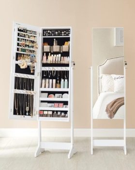 SONGMICS Espejo Joyero, Armario para Joyas, Organizadores de Cosméticos, Espejo sin Marco, con Cerradura y Llaves, JJC002W01