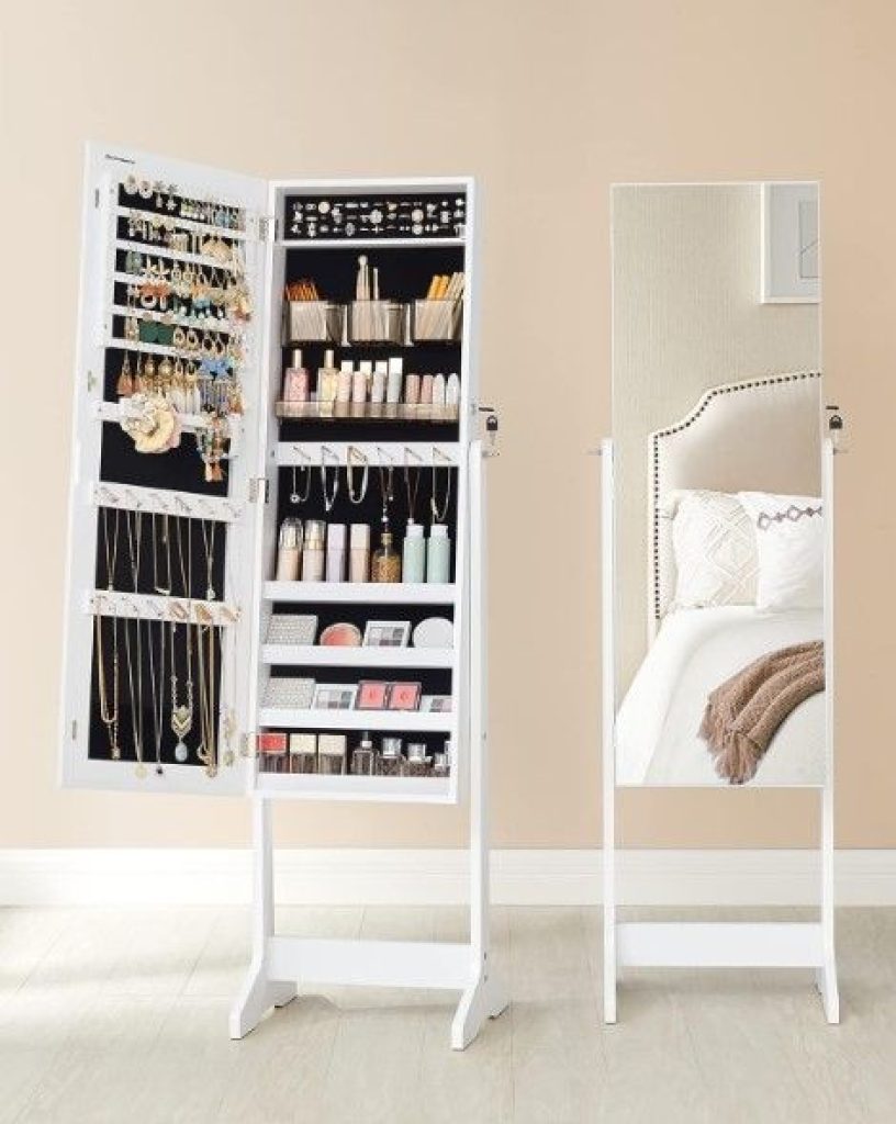 SONGMICS Espejo Joyero, Armario para Joyas, Organizadores de Cosméticos, Espejo sin Marco, con Cerradura y Llaves, JJC002W01