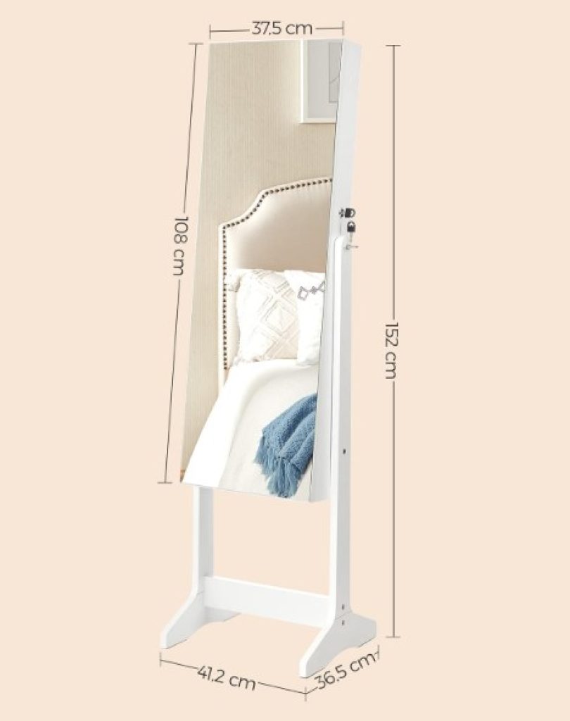 SONGMICS Espejo Joyero, Armario para Joyas, Organizadores de Cosméticos, Espejo sin Marco, con Cerradura y Llaves, JJC002W01