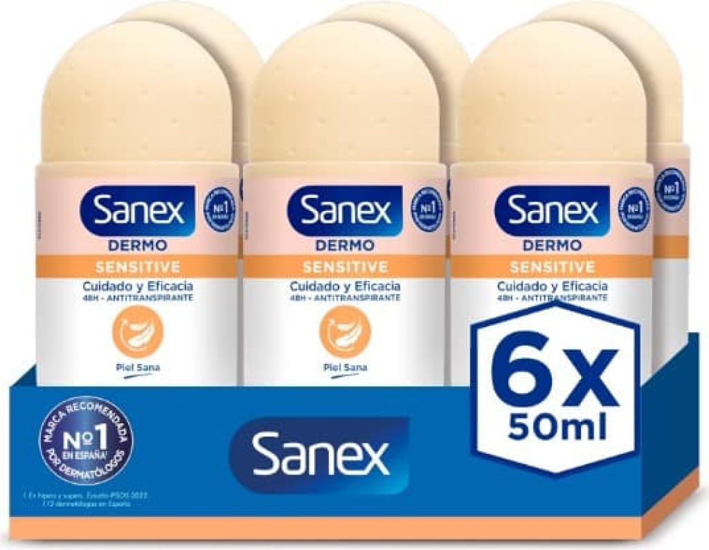 Sanex Dermo Sensitive Desodorante Roll-On, 6 Uds x 50ml, Anti-transpirante, hasta 48H de Protección contra