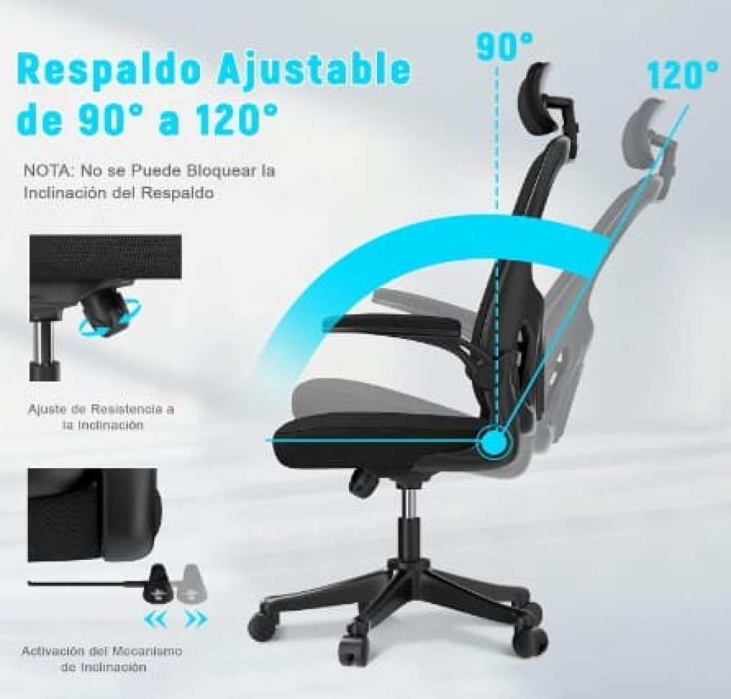 Silla de Oficina Ergonómica con Soporte Lumbar - Reposacabezas y Altura Ajustables, Reposabrazos, Silla Giratoria de 360° - Rattantree