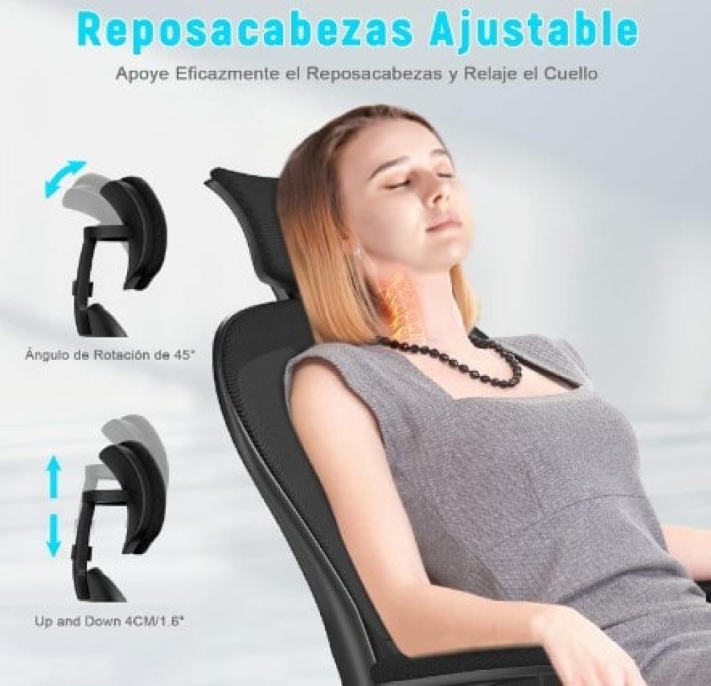 Silla de Oficina Ergonómica con Soporte Lumbar - Reposacabezas y Altura Ajustables, Reposabrazos, Silla Giratoria de 360° - Rattantree